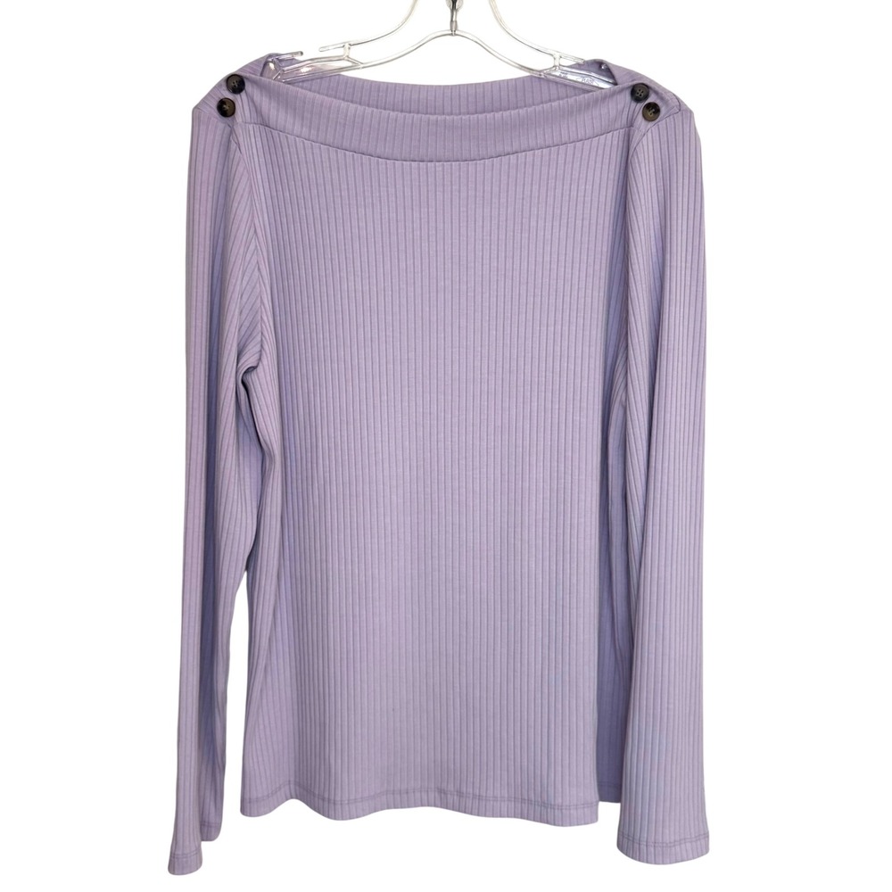 Loft Ribbed Knit Top Women XL Purple Rayon Blend Boat Neck Button Shoulder Prep